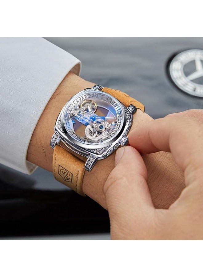 FORSINING Men's Luxury Square Carving Mechanical Watch, Retro Totem Double Sided Hollow Skeleton Self-Wind Automatic Watches, Vintage Leather Strap Wristwatch Reloj para Hombre - Image 5
